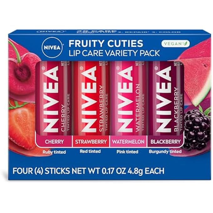 Nivea LIP CARE, FRUIT LIP BALM VARIETY PACK, TINTED LIP BALM, 0.17 OZ, PACK OF 4, MULTI, 0.17 OUNCE (PACK OF 4) - Image 1